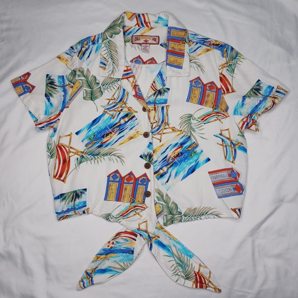 Caribbean Joe Hawaiian Style Crop Top, Button Up with Front Tie Knot, Size PM